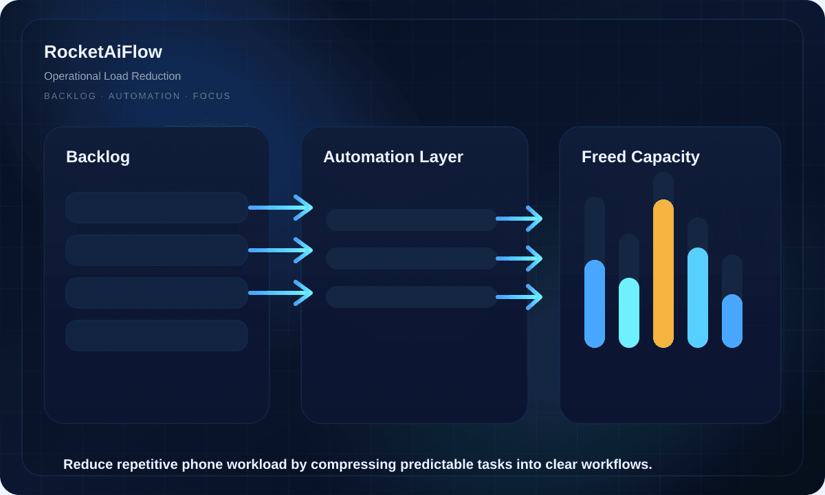 Dark operations dashboard showing backlog, automation flow, and freed capacity