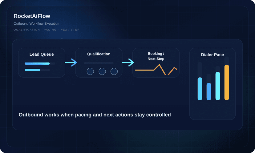 Dark outbound workflow dashboard with qualification, next-step flow, and dialer call rhythm