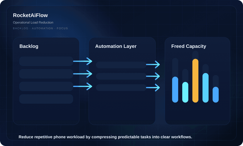 Dark operations dashboard showing backlog, automation flow, and freed capacity